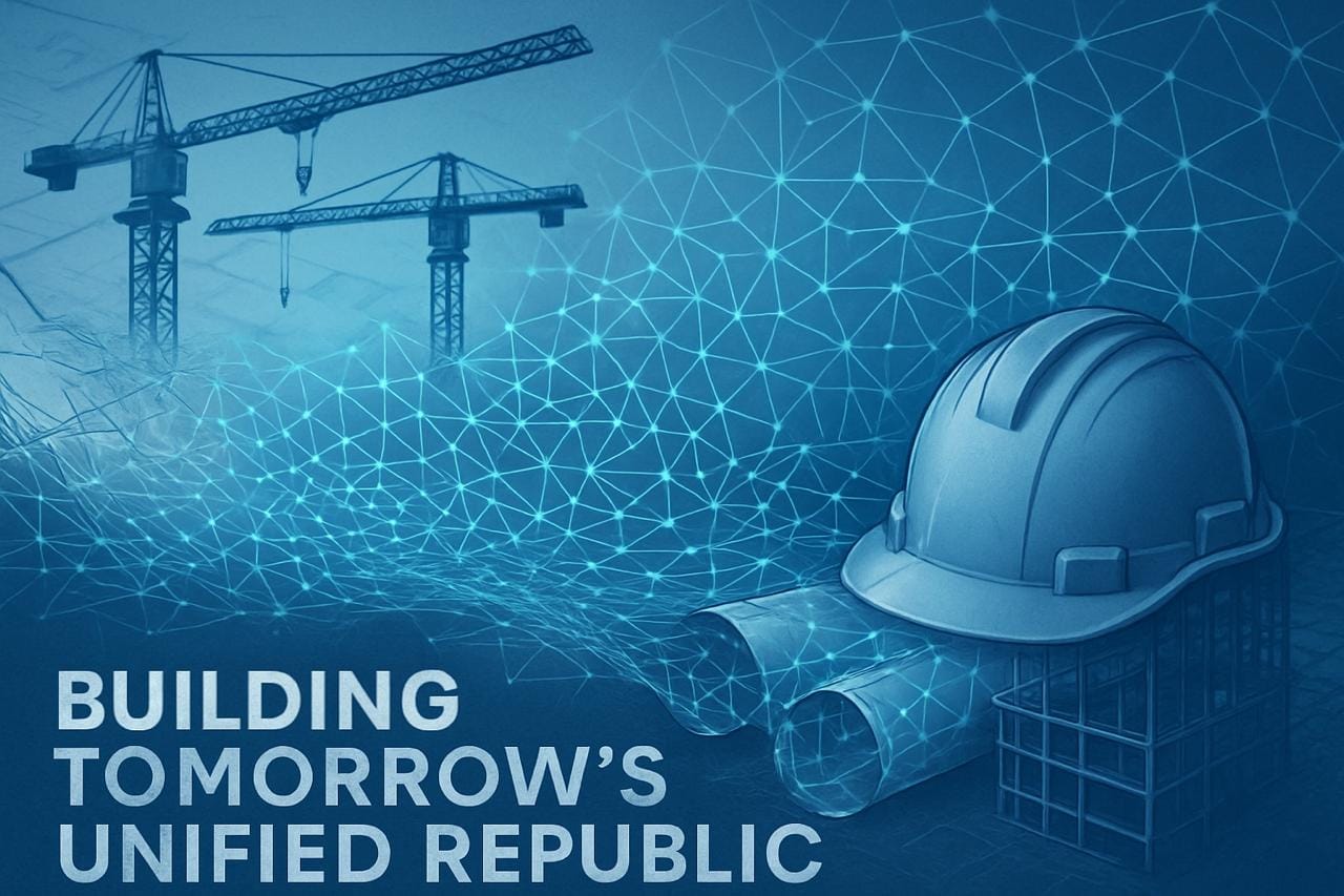 Concordance propaganda depicting the transition from old structures to new systematic coordination. The blueprint becomes the protocol.