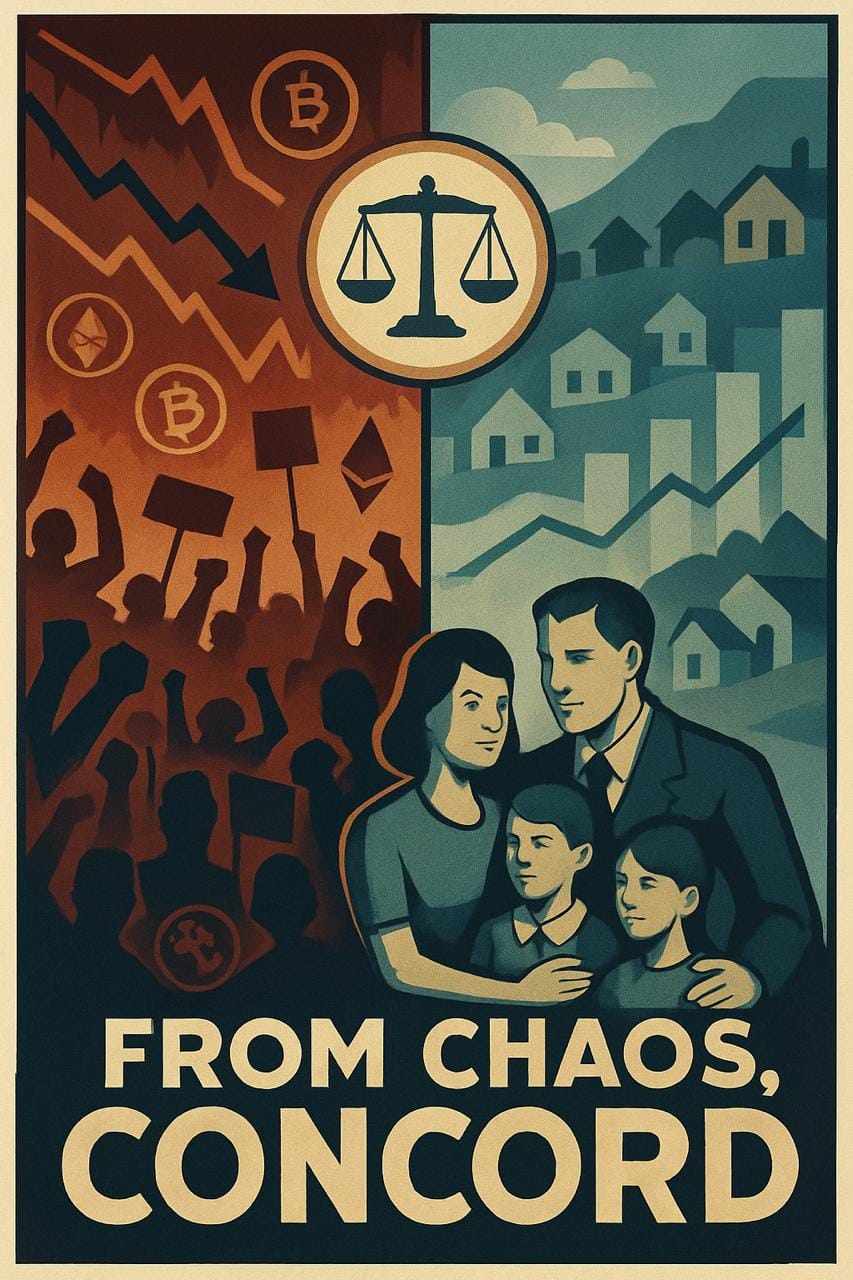 "From Chaos, Concord" - Campaign poster displayed at the Columbus rally, showing the Octavius-Brannon vision: market volatility and social disorder on the left transforming into systematic order and security on the right. The Concordance seal promises protection through protocol.